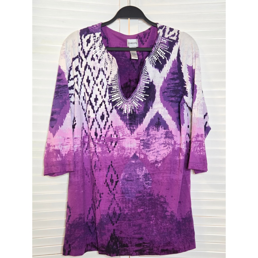 Chicos Purple Ikat Abstract Studded Tunic Top Size 12 L Rayon Spandex 3/4 Sleeve